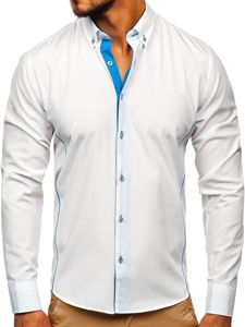 Camisa elegante de manga larga para hombre blanca y celeste Bolf 5722-1-A