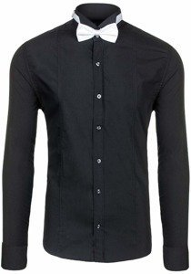 Camisa elegante de manga larga para hombre negra Bolf 4702-A pajarita+gemelos