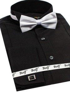 Camisa elegante de manga larga para hombre negra Bolf 4702-A pajarita+gemelos