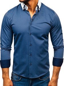 Camisa elegante de rayas de manga larga para hombre azul oscuro Bolf 0909-A