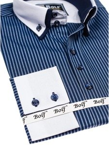 Camisa elegante de rayas de manga larga para hombre azul oscuro Bolf 0909-A