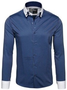 Camisa elegante de rayas de manga larga para hombre azul oscuro Bolf 0909-A