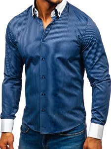 Camisa elegante de rayas de manga larga para hombre azul oscuro Bolf 0909-A