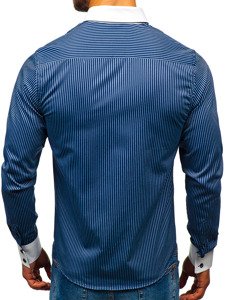 Camisa elegante de rayas de manga larga para hombre azul oscuro Bolf 0909-A