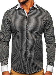 Camisa elegante de rayas de manga larga para hombre negro Bolf 4785