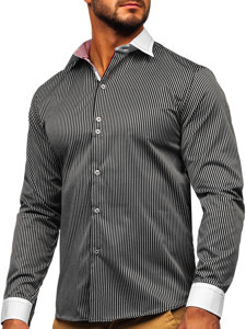 Camisa elegante de rayas de manga larga para hombre negro Bolf 4785