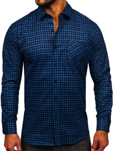 Camisa flanela a cuadros de manga larga para hombre azul oscuro Bolf F4