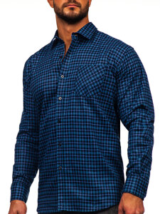 Camisa flanela a cuadros de manga larga para hombre azul oscuro Bolf F4