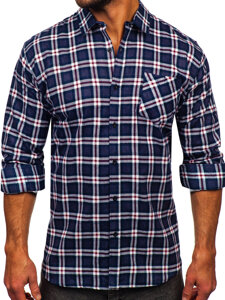 Camisa franela a cuadros de manga larga para hombre azul oscuro y blanco Bolf F6