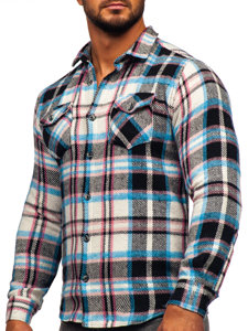 Camisa franela a cuadros de manga larga para hombre azul y rosa Bolf 22704