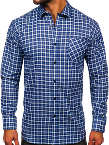 Camisa franela a cuadros de manga larga para hombre blanco y azul oscuro Bolf F5