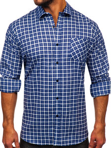 Camisa franela a cuadros de manga larga para hombre blanco y azul oscuro Bolf F5