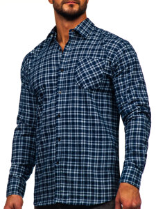 Camisa franela a cuadros de manga larga para hombre blanco y azul oscuro Bolf F7