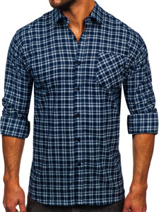 Camisa franela a cuadros de manga larga para hombre blanco y azul oscuro Bolf F7