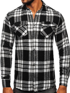 Camisa franela a cuadros de manga larga para hombre blanco y negro Bolf 22702