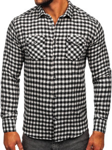 Camisa franela a cuadros de manga larga para hombre negro y blanco Bolf 22701