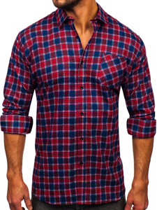 Camisa franela a cuadros de manga larga para hombre rojo y azul oscuro Bolf F6