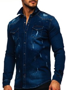 Camisa vaquera a manga larga para hombre color azul oscuro Bolf R801