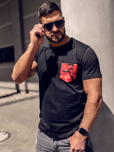 Camiseta algodón de manga corta con bolsillo e impresión camuflaje para hombre negro y rojo Bolf 14507A