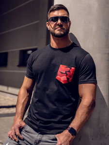 Camiseta algodón de manga corta con bolsillo e impresión camuflaje para hombre negro y rojo Bolf 14507A