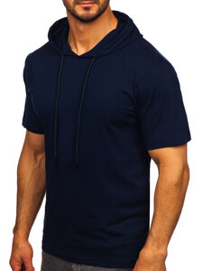 Camiseta algodón de manga corta con capucha sin impresión para hombre azul oscuro Bolf 14513