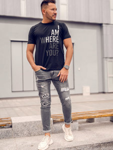 Camiseta algodón de manga corta con impresión para hombre negro Bolf 0404TA