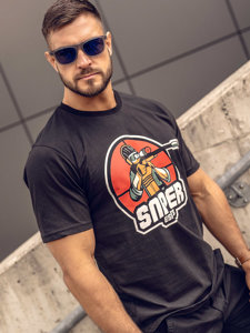 Camiseta algodón de manga corta con impresión para hombre negro Bolf 143022A