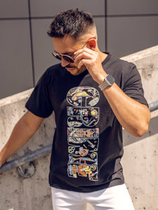 Camiseta algodón de manga corta con impresión para hombre negro Bolf 143023A