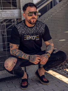 Camiseta algodón de manga corta con impresión para hombre negro Bolf 14720A