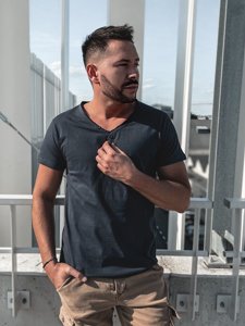 Camiseta con escote de pico sin impresión para hombre azul oscuro Bolf 4049