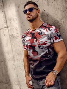 Camiseta de manga corta camuflaje con impresión para hombre gris y burdeos Bolf S808A1