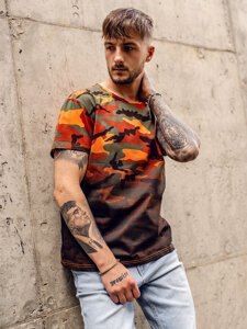 Camiseta de manga corta camuflaje con impresión para hombre verde y naranja Bolf S808A1