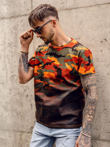 Camiseta de manga corta camuflaje con impresión para hombre verde y naranja Bolf S808A1