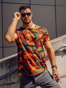 Camiseta de manga corta camuflaje para hombre verde y naranja Bolf S807A1