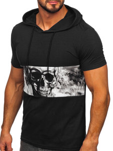 Camiseta de manga corta con capucha con impresión para hombre negro Bolf 8T971