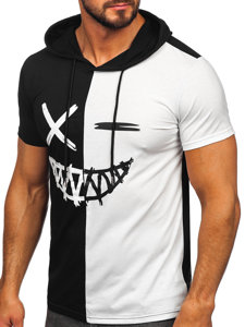 Camiseta de manga corta con capucha con impresión para hombre negro y blanco Bolf 8T981