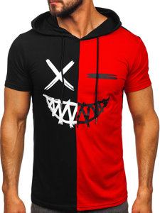 Camiseta de manga corta con capucha e impresión para hombre negro y rojo Bolf 8T981