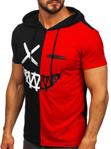 Camiseta de manga corta con capucha e impresión para hombre negro y rojo Bolf 8T981