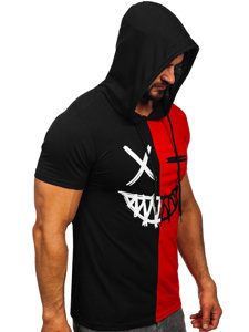 Camiseta de manga corta con capucha e impresión para hombre negro y rojo Bolf 8T981