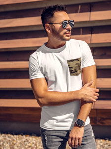 Camiseta de manga corta con impresión y bolsillo camuflaje para hombre blanco y verde Bolf 8T85A