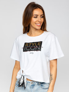 Camiseta de manga corta con lentejuelas y impresión para mujer blanco Bolf DT101