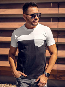 Camiseta de manga corta sin impresión con bolsillo para hombre blanco y negro Bolf 8T91A