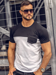 Camiseta de manga corta sin impresión con bolsillo para hombre negro y blanco Bolf 8T91A