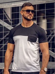 Camiseta de manga corta sin impresión con bolsillo para hombre negro y blanco Bolf 8T91A