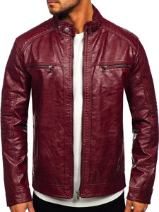 Cazadora biker de piel para hombre color burdeos Bolf 2002