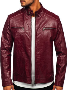 Cazadora biker de piel para hombre color burdeos Bolf 2003