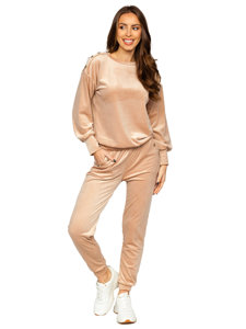 Chándal velour de dos piezas para mujer beige Bolf 642