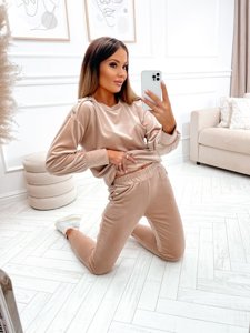 Chándal velour de dos piezas para mujer beige Bolf 642