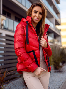 Chaqueta abrochada de invierno con capucha para mujer color rojo Bolf 23066