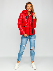 Chaqueta abrochada de invierno con capucha para mujer color rojo Bolf 23066